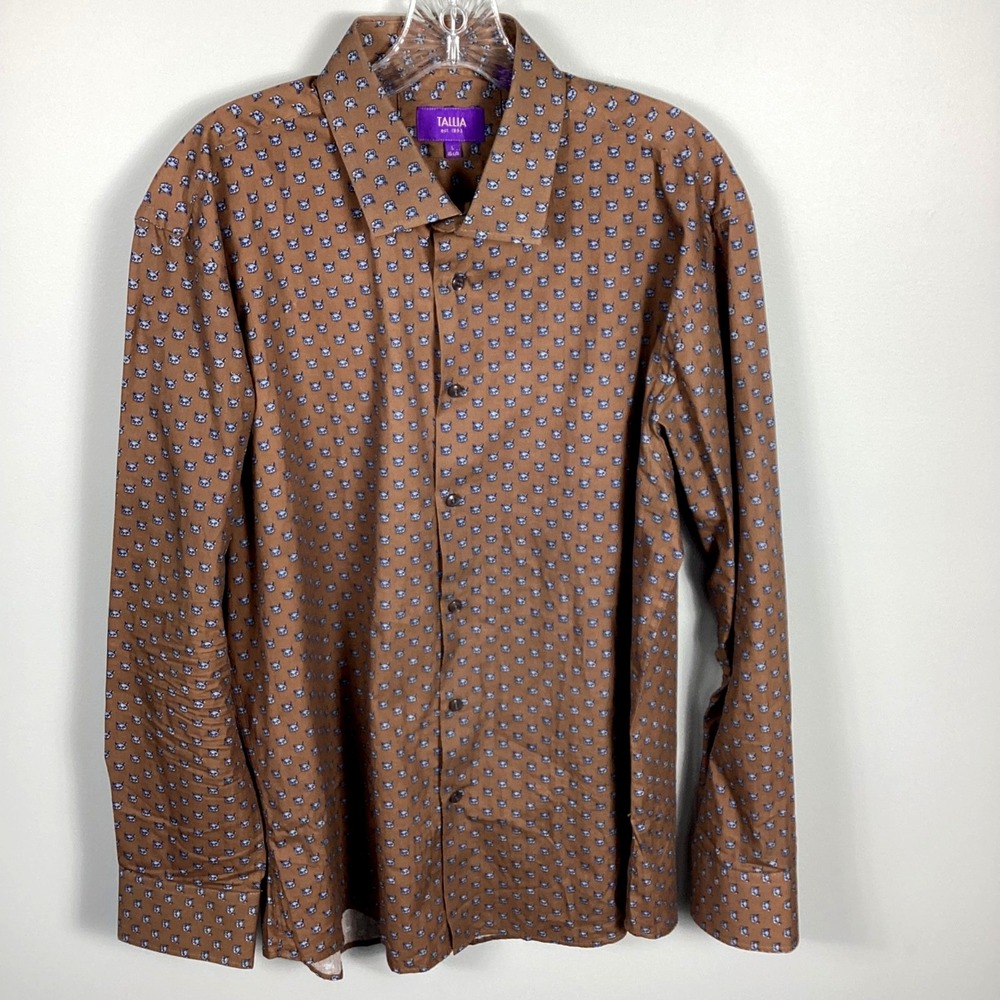 Tallia Men's Fox Print Button Up Shirt Size L‎ (16-16.5 34-35) Long Sleeve Brown